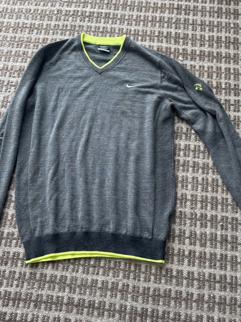 Nike Men’s Gray V-Neck Sweater with Neon Yellow Trim